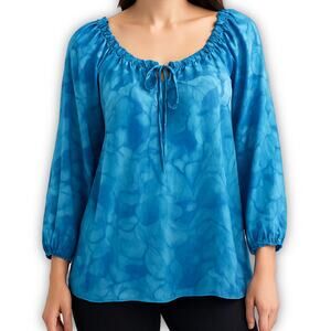 Fresh Produce Linen Turtle Print Blouse Womens Medium Blue Long Sleeve Tie Neck